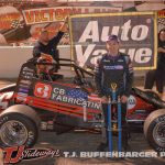 Tyler Roahrig in victory lane Friday night at Kalamazoo Speedway. (T.J .Buffenbarger Photo)