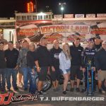 Tyler Roahrig with his family, friends, and crew in victory lane Friday night at Kalamazoo Speedway. (T.J .Buffenbarger Photo)