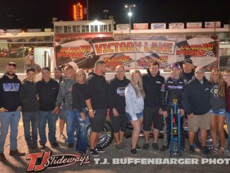 Tyler Roahrig with his crew, family, and friends in victory lane Friday night with the 500 Sprint Car Tour at Kalamazoo Speedway. (T.J. Buffenbarger Photo)