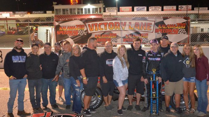 Tyler Roahrig with his crew, family, and friends in victory lane Friday night with the 500 Sprint Car Tour at Kalamazoo Speedway. (T.J. Buffenbarger Photo)