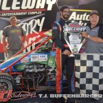 Dameron Taylor in victory lane after winning the first of two Kenyon Midget features at Berlin Raceway. (T.J. Buffenbarger Photo)