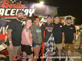 Tyler Roahrig with some of his friend in victory lane after his second feature win of the weekend with the 500 Sprint Car Tour Saturday night at Berlin Raceway. (T.J. Buffenbarger Photo)