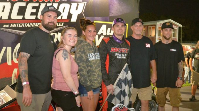 Tyler Roahrig with some of his friend in victory lane after his second feature win of the weekend with the 500 Sprint Car Tour Saturday night at Berlin Raceway. (T.J. Buffenbarger Photo)