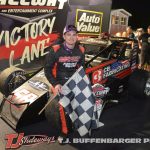 Tyler Roahrig after winning the 500 Sprint Car Tour feature Saturday at Berlin Raceway. (T.J. Buffenbarger Photo)