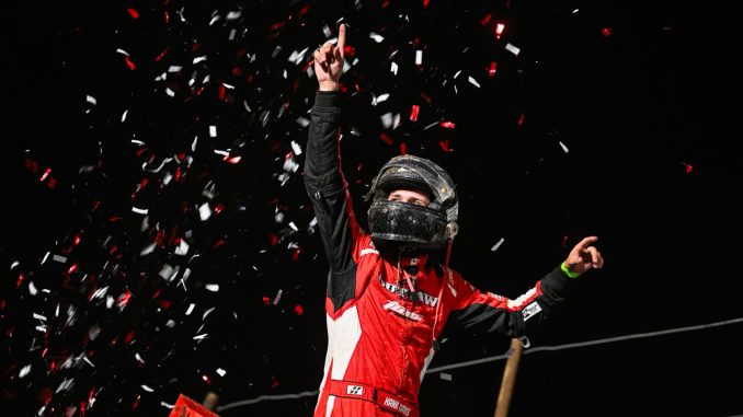 Hank Davis celebrates his feature victory Friday at Electric City Speedway. (Emily Schwanke Photo)