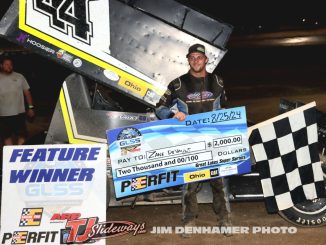 Zane Devault in victory lane Sunday night at Millstream Speedway. (Jim Denhamer Photo)