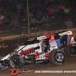 Kyle Cummins (#3) inside of Daison Pursley (#21AZ) Thursday night at Kokomo Speedway. (Jim Denhamer Photo)