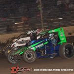 Harley Burns (#16) inside of Ricky Lewis (#41) Thursday night at Kokomo Speedway. (Jim Denhamer Photo)