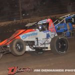 Brady Bacon (#69) inside of Kale Drake (#2B) Thursday at Kokomo Speedway. (Jim Denhamer Photo)