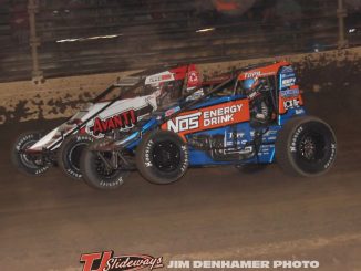 Justin Grant (#4) racing with Kyle Cummins (#3) Thursday night at Kokomo Speedway. (Jim Denhamer Photo)