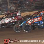 Justin Grant (#4) racing for the lead with Logan Seavey (#57) Thursday night at Kokomo Speedway. (Jim Denhamer Photo)