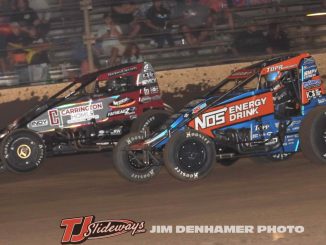 Justin Grant (#4) racing for the lead with Logan Seavey (#57) Thursday night at Kokomo Speedway. (Jim Denhamer Photo)