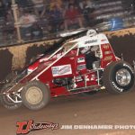 Robert Ballou (#12) inside of C.J. Leary (#15) for position Thursday night at Kokomo Speedway. (Jim Denhamer Photo)