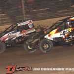 Ricky Lewis (#41) and Stevie Sussex (#77S) racing for position Thursday night at Kokomo Speedway. (Jim Denhamer Photo)