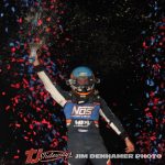 Justin Grant celebrating his feature victory Thursday night at Kokomo Speedway. (Jim Denhamer Photo)