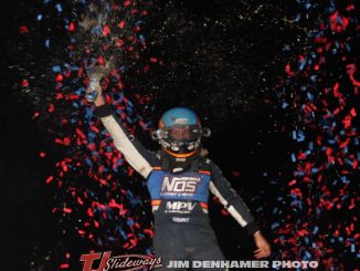 Justin Grant celebrating his feature victory Thursday night at Kokomo Speedway. (Jim Denhamer Photo)