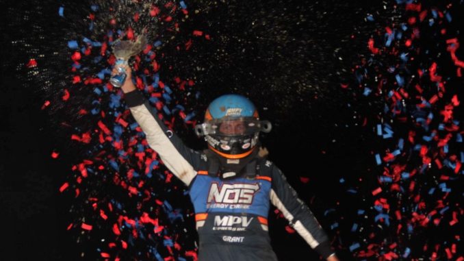 Justin Grant celebrating his feature victory Thursday night at Kokomo Speedway. (Jim Denhamer Photo)