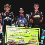 (L to R) Third place Briggs Danner, winner Justin Grant, and second place Daison Pursley Thursday night at Kokomo Speedway. (Jim Denhamer Photo)