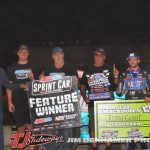 Justin Grant with his crew in victory lane after his win Thursday night at Kokomo Speedway. (Jim Denhamer Photo0