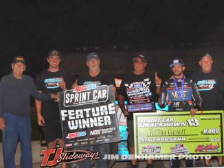 Justin Grant with his crew in victory lane after his win Thursday night at Kokomo Speedway. (Jim Denhamer Photo0