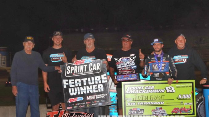 Justin Grant with his crew in victory lane after his win Thursday night at Kokomo Speedway. (Jim Denhamer Photo0