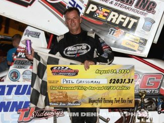 Phil Gressman after winning the GLSS feature Saturday at Waynesfield Raceway Park. (Jim Denhamer Photo)