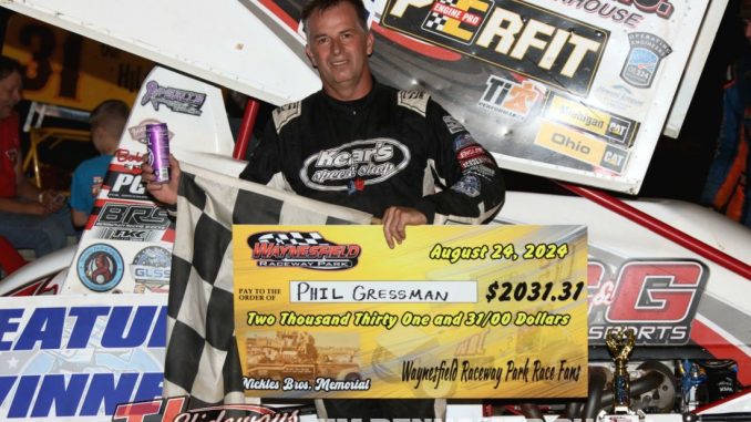 Phil Gressman after winning the GLSS feature Saturday at Waynesfield Raceway Park. (Jim Denhamer Photo)