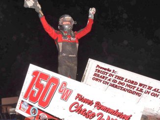 Craig Mintz celebrates his feature victory Friday at I-96 Speedway. (Jim Denhamer Photo)