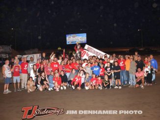 Craig Mintz along with family and friends of Chase Wilder in victory lane at I-96 Speedway. (Jim Denhamer Photo)