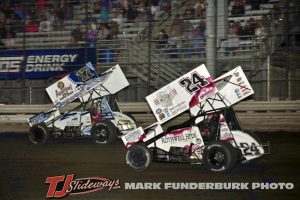 Bill Balog (#17) and Rico Abreu (#24) racing for the lead Thursday at Knoxville Raceway. (Mark Funderburk Photo)