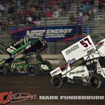 Carson Macedo (#41) and Kyle Larson (#57) racing for position Thursday night at Knoxville Raceway. (Mark Funderburk Photo)