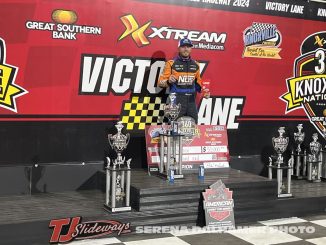 Tyler Courtney in victory lane after winning the 360 Knoxville Nationals. (Serena Dalhamer Photo)