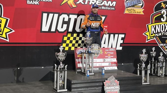 Tyler Courtney in victory lane after winning the 360 Knoxville Nationals. (Serena Dalhamer Photo)