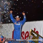 Donny Schatz in victory lane Friday night at Knoxville Raceway. (Mark Funderburk Photo)