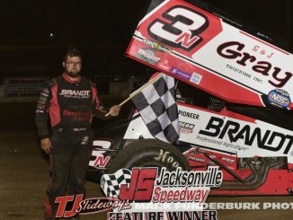 Jake Neuman won the sprint car feature Sunday night at Jacksonville Speedway. (Mark Funderburk Photo)