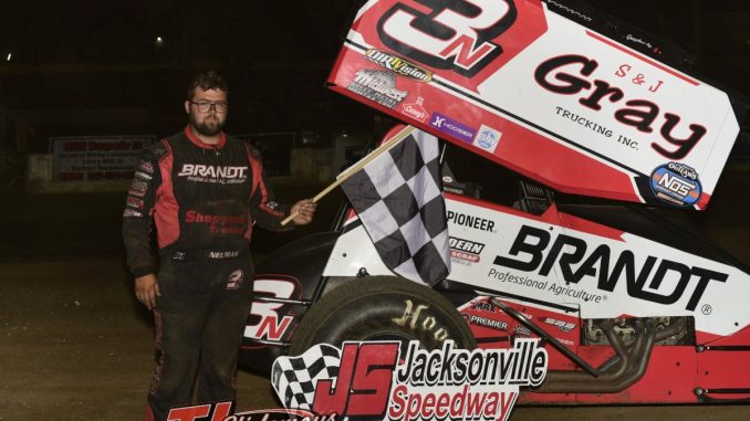 Jake Neuman won the sprint car feature Sunday night at Jacksonville Speedway. (Mark Funderburk Photo)