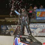 Karter Sarff in victory lane at Federated Auto Parts Raceway at I-55. (Mark Funderburk Photo)