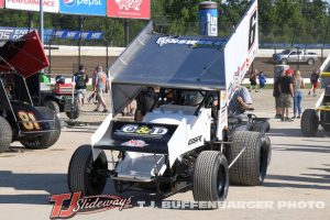 Kelby Watt being pushed in Bill Rose's entry at Eldora Speedway during the Kings Royal weekend. (T.J. Buffenbarger Photo)