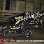 Hunter Schuerenberg (#19) racing with Mark Dobmeier (#13) Thursday at Knoxville Raceway. (Mark Funderburk Photo)