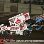 Cory Eliason (#8) racing with Daison Pursley (#25) Thursday at Knoxville Raceway. (Mark Funderburk Photo)