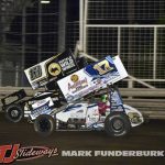 Mark Dobmeier (#13) racing with Bill Balog (#17B) Thursday at Knoxville Raceway. (Mark Funderburk Photo)