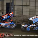 Tyler Courtney (#7) racing with Daryn Pittman (#69K) Thursday at Knoxville Raceway. (Mark Funderburk Photo)