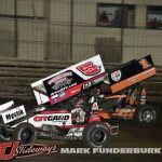 Ryan Timms (#5T) racing with Tasker Phillips (#1) Thursday at Knoxville Raceway. (Mark Funderburk Photo)