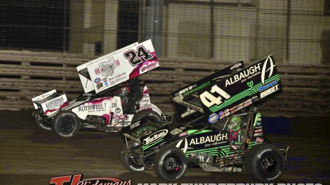 Rico Abreu (#24) racing with Carson Macedo (#41) Thursday at Knoxville Raceway. (Mark Funderburk Photo)