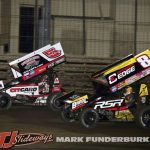 Ryan Timms (#5T) racing with Cory Eliason (#8) Thursday at Knoxville Raceway. (Mark Funderburk Photo)