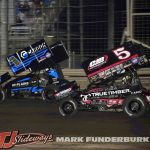 Brenham Crouch (#1) racing with Spencer Bayston (#5) Friday at Knoxville Raceway. (Mark Funderburk Photo)