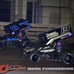 J.J. Hickle (#22) racing with Ayrton Gennetten (#3) Friday at Knoxville Raceway. (Mark Funderburk Photo)J.J. Hickle (#22) racing with Ayrton Gennetten (#3) Friday at Knoxville Raceway. (Mark Funderburk Photo)