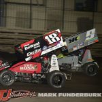 Tanner Holmes (#18T) and Kasey Kahne (#9) racing for position Friday at Knoxville Raceway. (Mark Funderburk Photo)