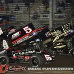 Tanner Holmes (#18T), Spencer Bayston (#5), and Hunter Schuerenberg (#19) Friday at Knoxville Raceway. (Mark Funderburk Photo)