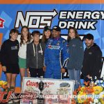 Donny Schatz with his family in victory lane Friday at Knoxville Raceway. (Mark Funderburk Photo)